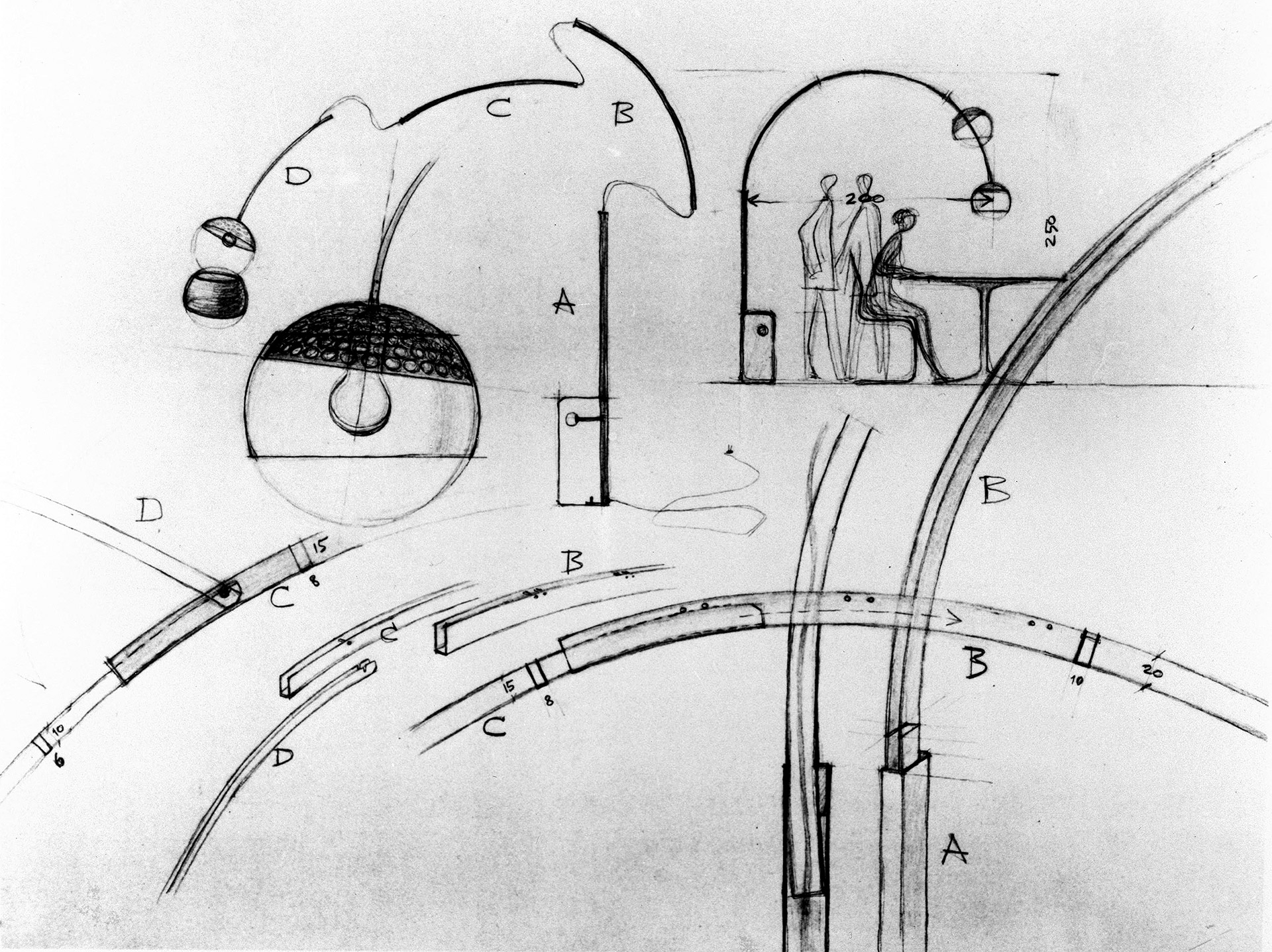 První skica svítidla Arco © Fondazione Achille Castiglioni