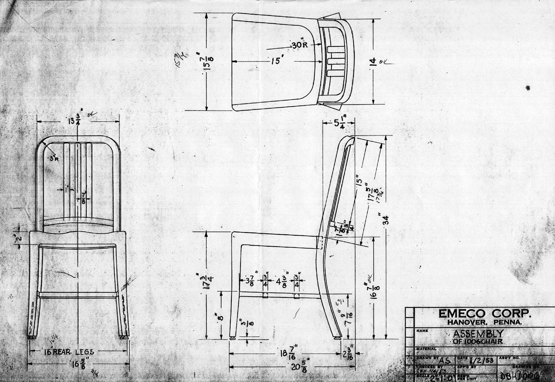 Originální technický nákres židle 1006 Navy Chair. © Emeco